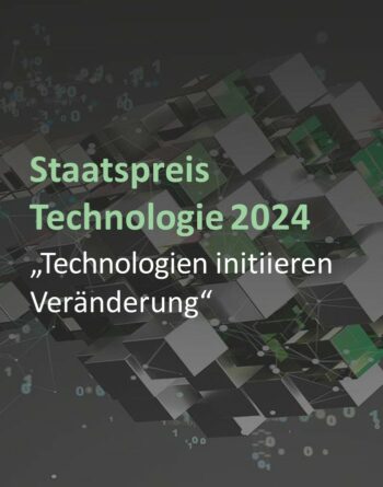 Abstrakte Darstellung eines Würfels mit dem Text: Staatspreis Technologie 2024 "Technologien initiieren Veränderung"